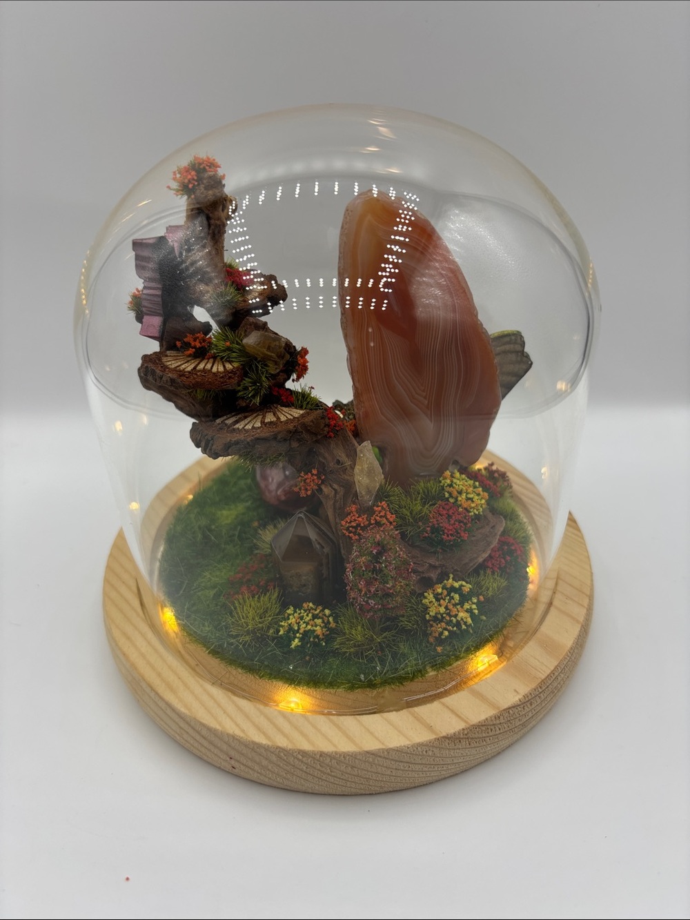 Crystal Fairy Garden with Tangerine Agate and Glass Cloche